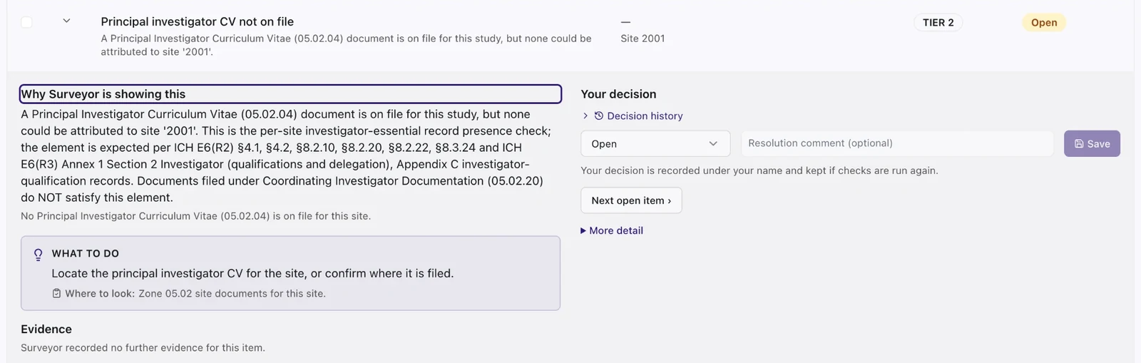 A VCS Surveyor™ review item for site 2001: principal investigator CV not on file, Tier 2, open. The panel explains why VCS Surveyor™ is showing it, what to do and where to look, next to the reviewer's decision controls.