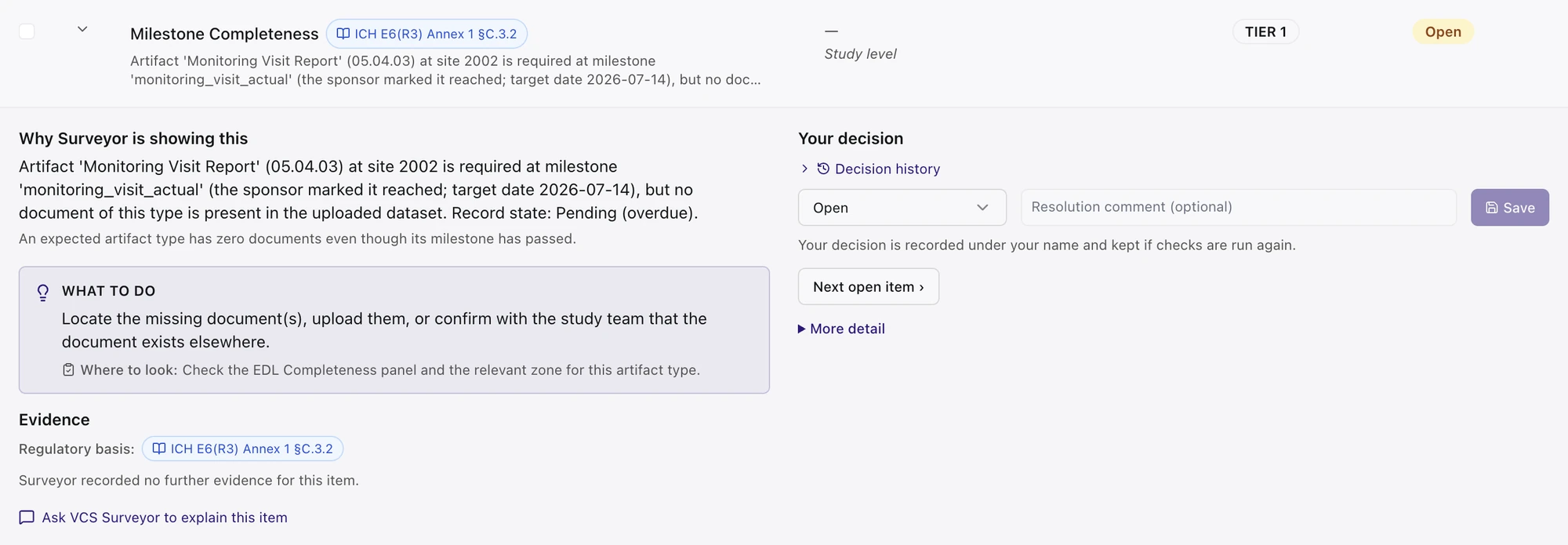 A VCS&nbsp;Surveyor™ review item, Milestone Completeness, Tier 1, open: a Monitoring Visit Report is required for site 2002 at a monitoring visit the sponsor marked as done, but no document of that type is in the TMF. The panel explains why VCS&nbsp;Surveyor™ is showing it, what to do and where to look, cites ICH E6(R3) Annex 1 §C.3.2, and sits next to the reviewer's decision controls.